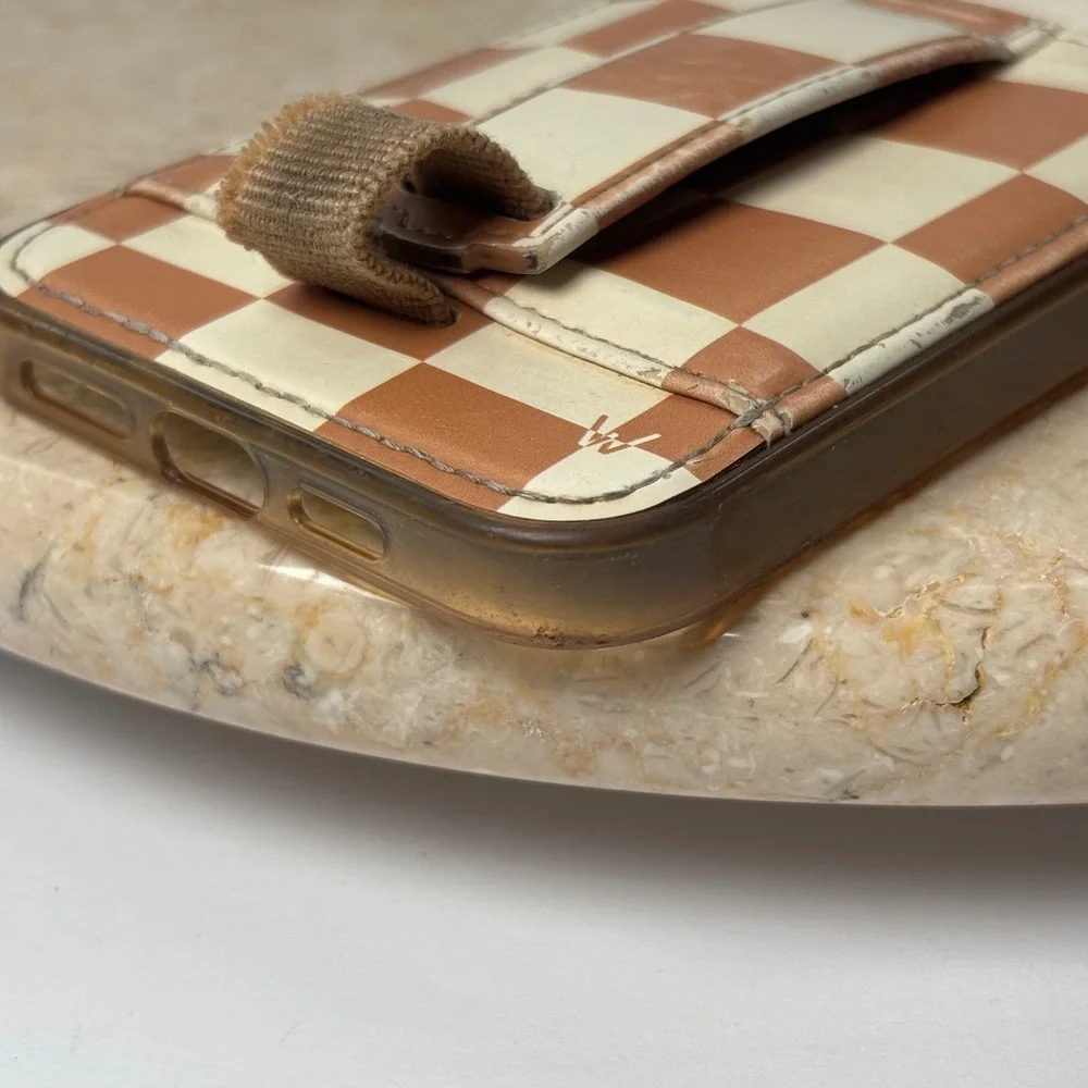 Walli iPhone‎ 12 Pro Max Case Tan Cream Checkered Strap Card Slot